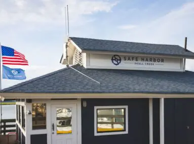 close up of safe harbor skull creek building