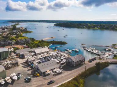 aerial view of a marina on a sunny day