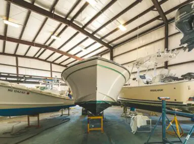 boats stored inside a warehourse