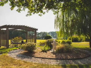 a gazebo with green trees next to it