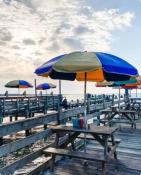 covered picnic tables on dock