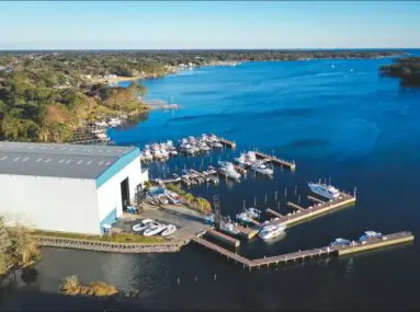 aerial view of marina on water