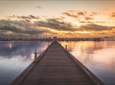 long boardwalk and sunset