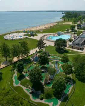 aerial view of park by the water