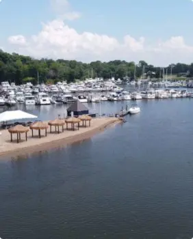 beach style huts and marina