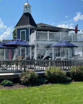 outdoor dining with misters and umbrellas