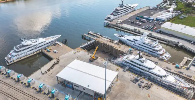 aerial view of yachts in a marina