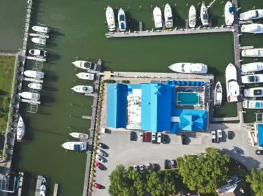 aerial view of boats docked in a marina