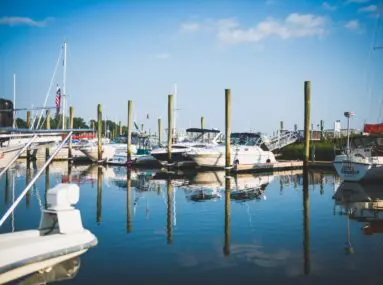 On the water shop with boats in slips