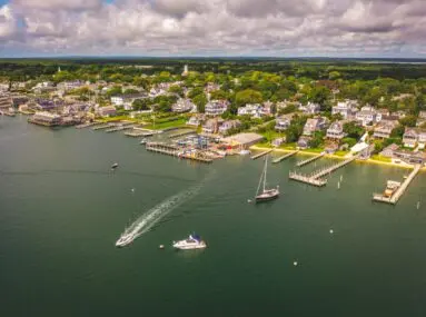 Aerial view on marina area with boats in the water