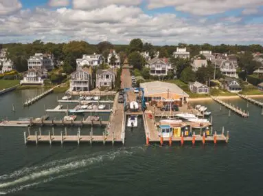 Aerial view of marina with lots of large houses surrounding it.