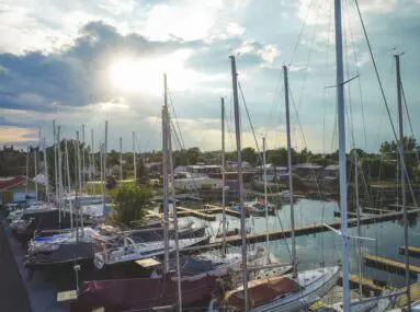 lots of sailboats docked at marina and sun shining through clouds