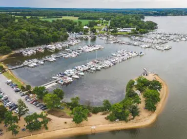 Aerial view of marina with small peninsula