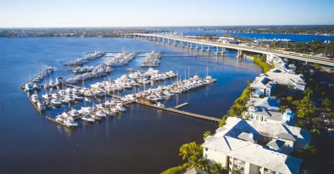 view of marina and bridge over the blue water