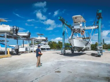 fishing boat in a boat lift