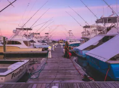 small boats docked with pink sunset haze
