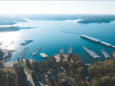 aerial view of lake on sunny day