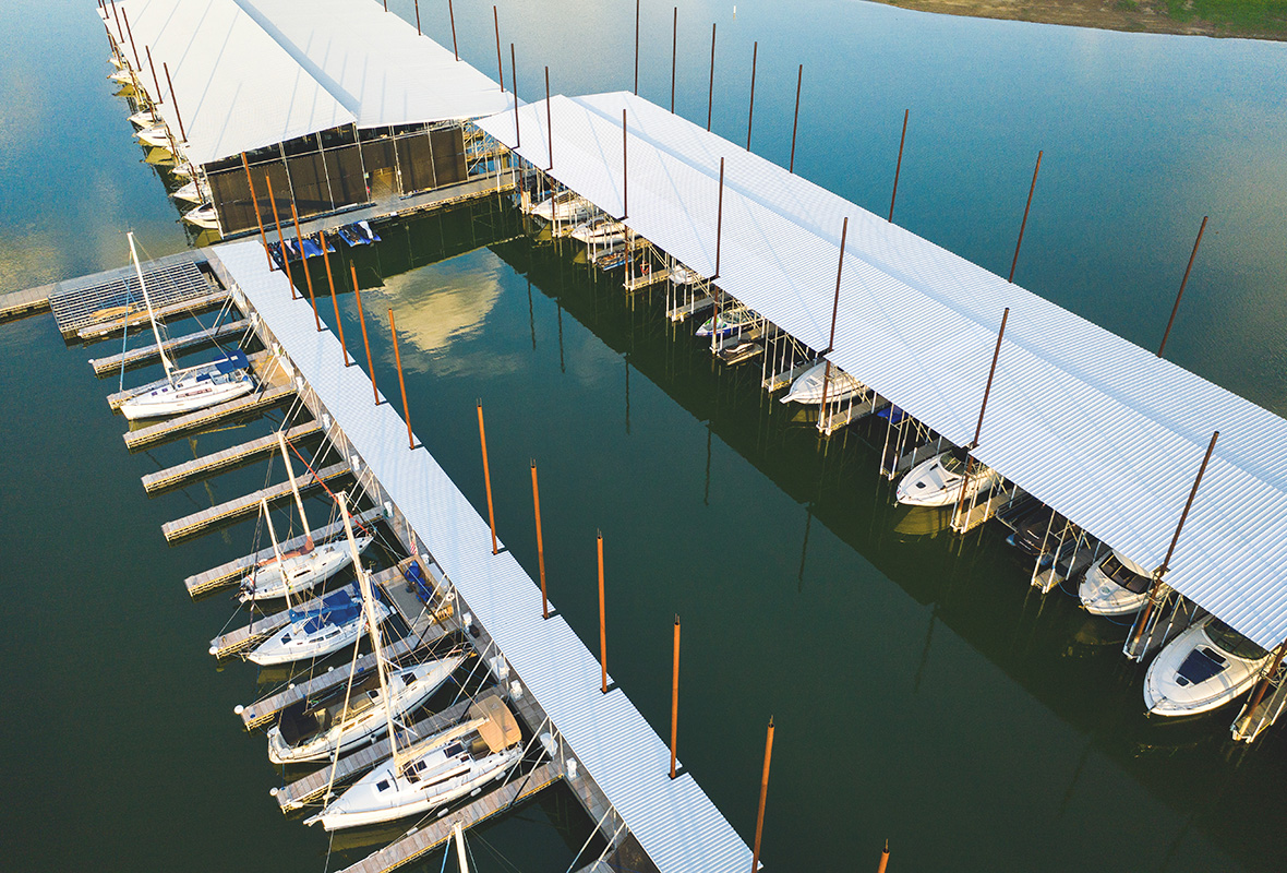 Covered and uncovered slips at the marina