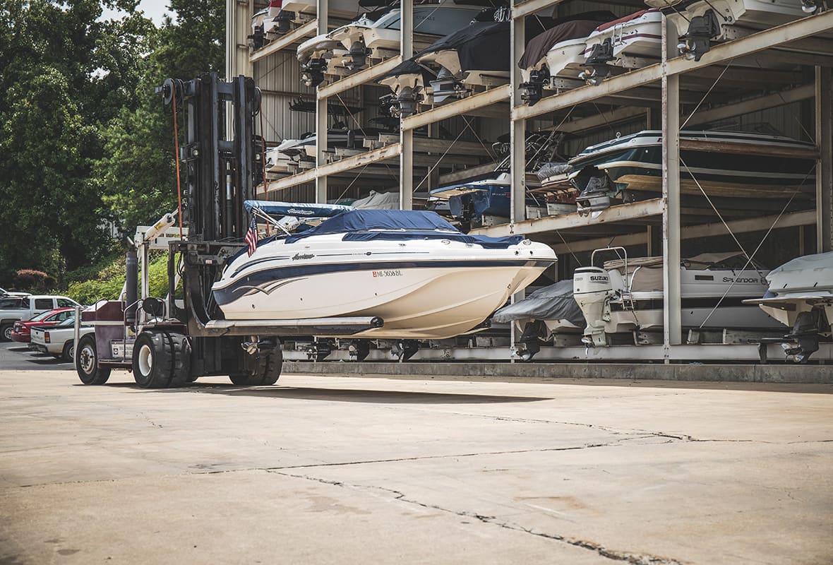 Boat being brought down from dry storage