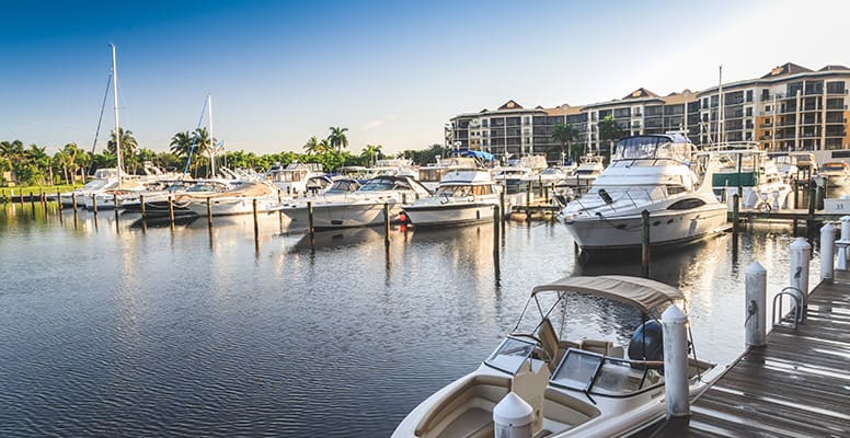 View of boats docked at marina