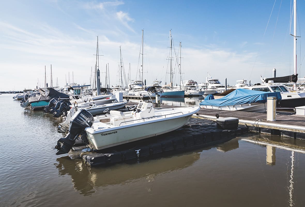 Boats docked at marina