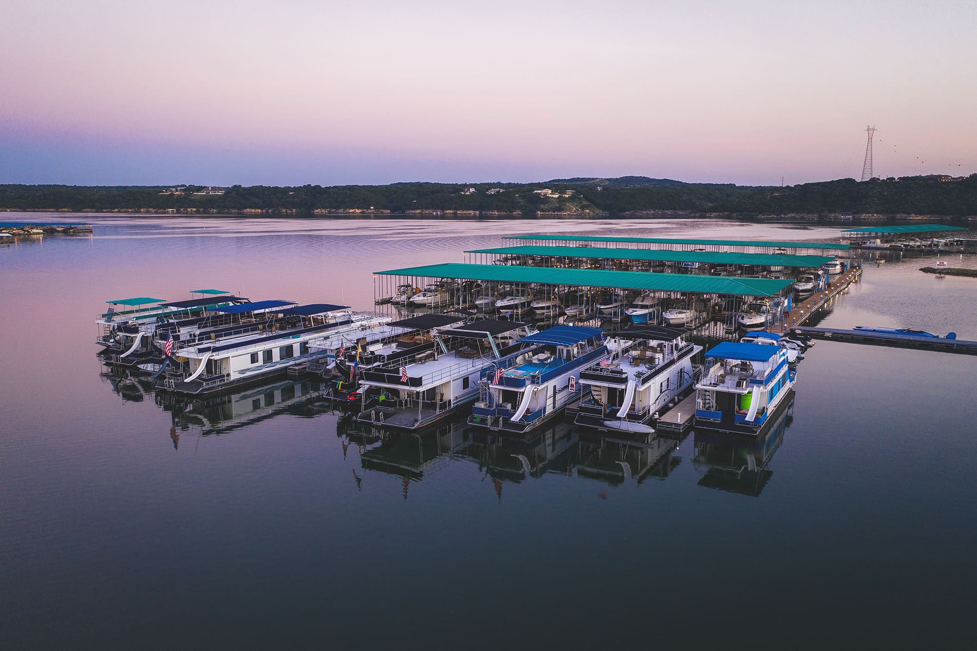 Aerial view of marina at dusk