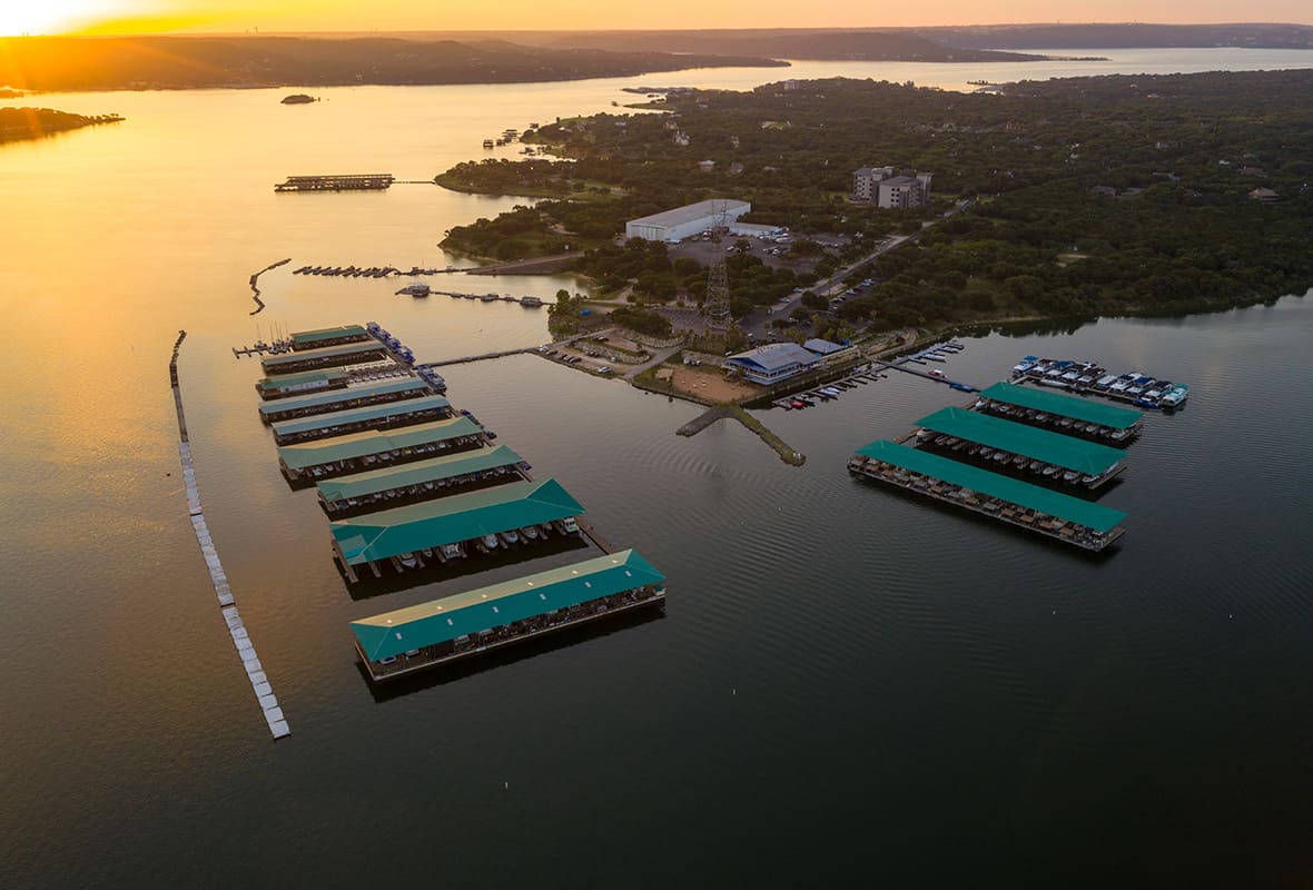 Aerial view of marina at sunset