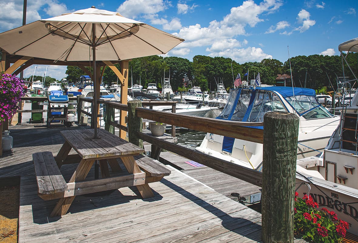 Picnic table by water
