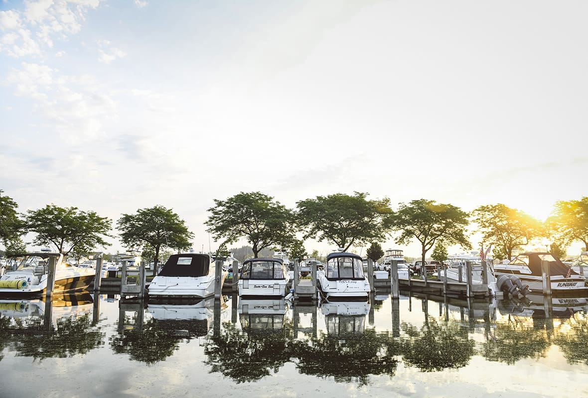 Boats docked at marina