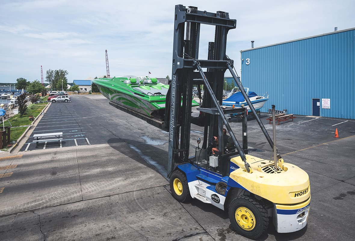 Boat being lifted from storage