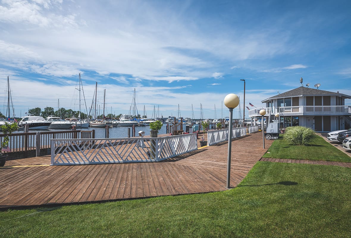 Lawn area and dock at marina