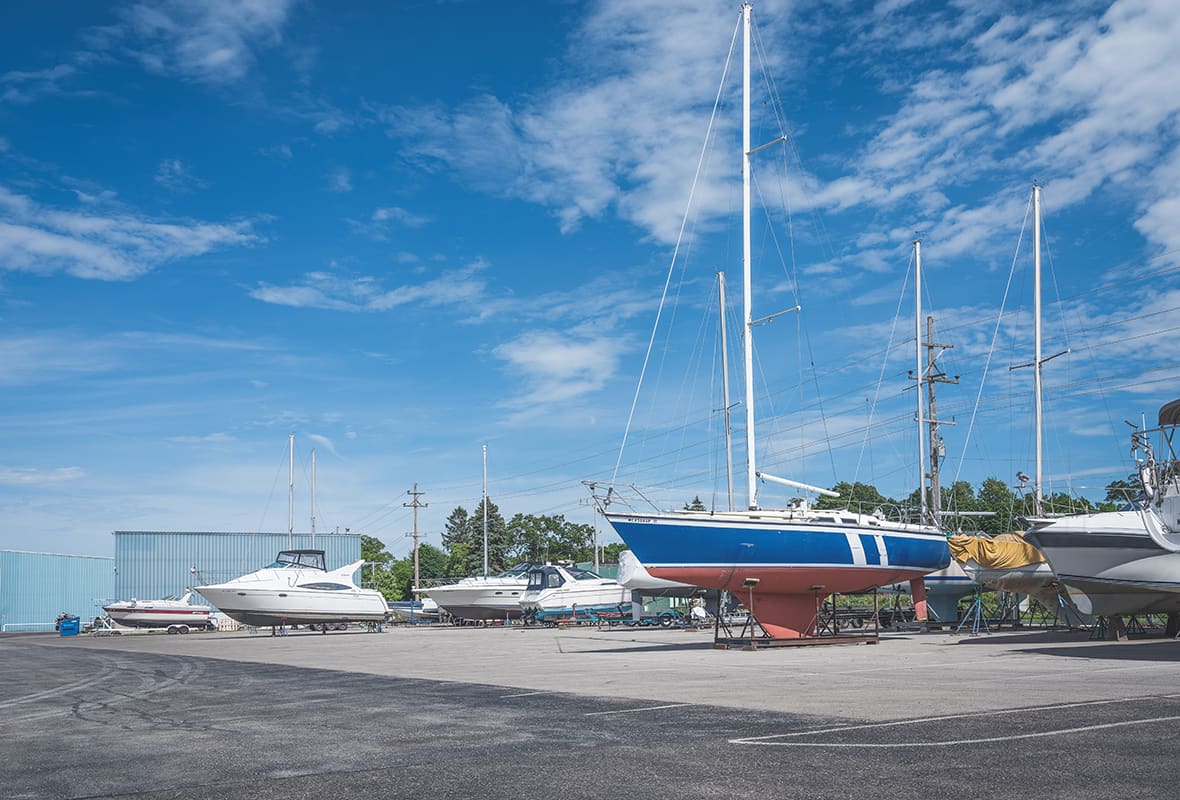 Boats parked in storage