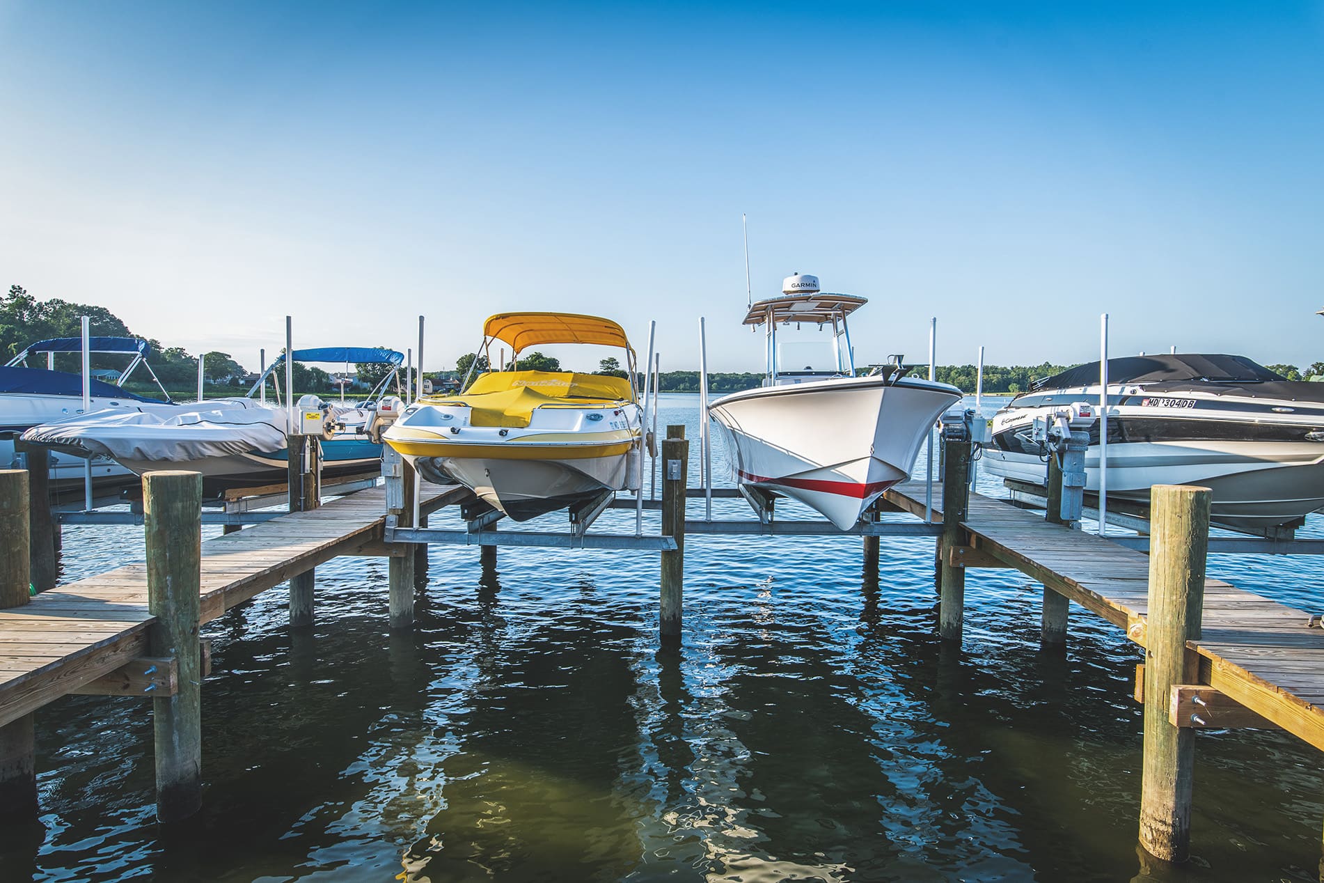 Boats docked at marina