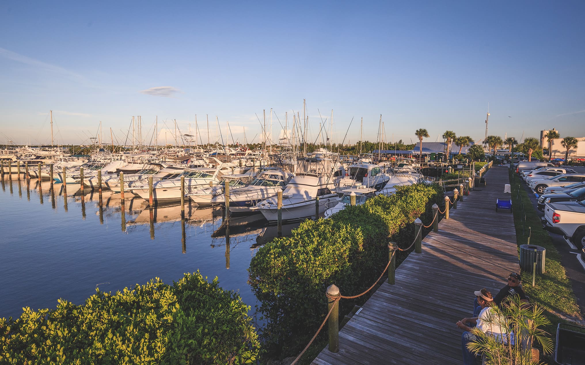 Boats docked by marina