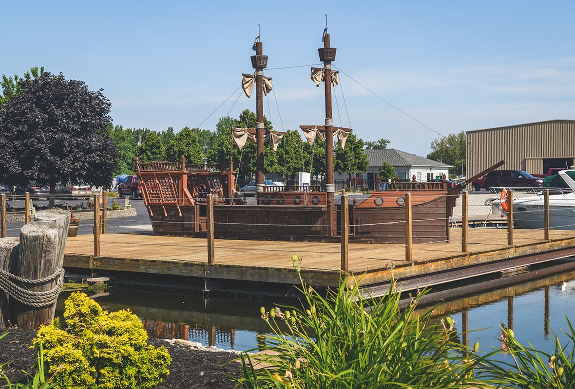 Pirate boat at marina