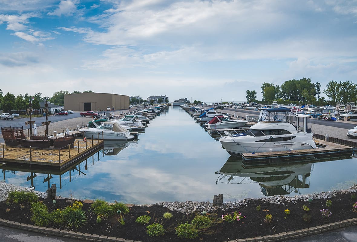 Boats docked at marina