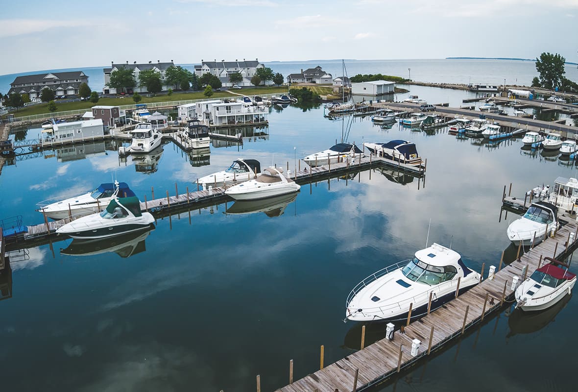 Aerial view of boats docked at marina