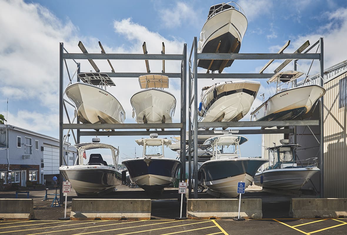 Boats stored on racks