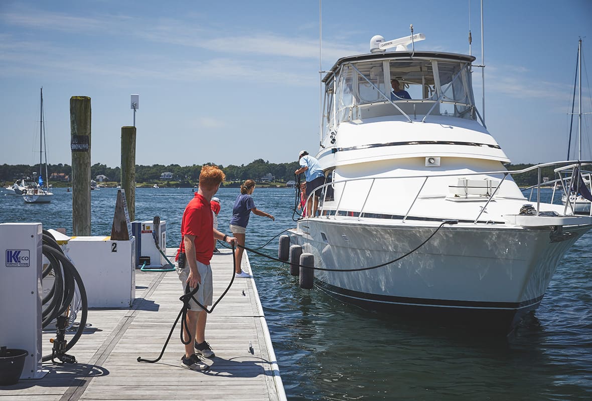 Employees docking boat