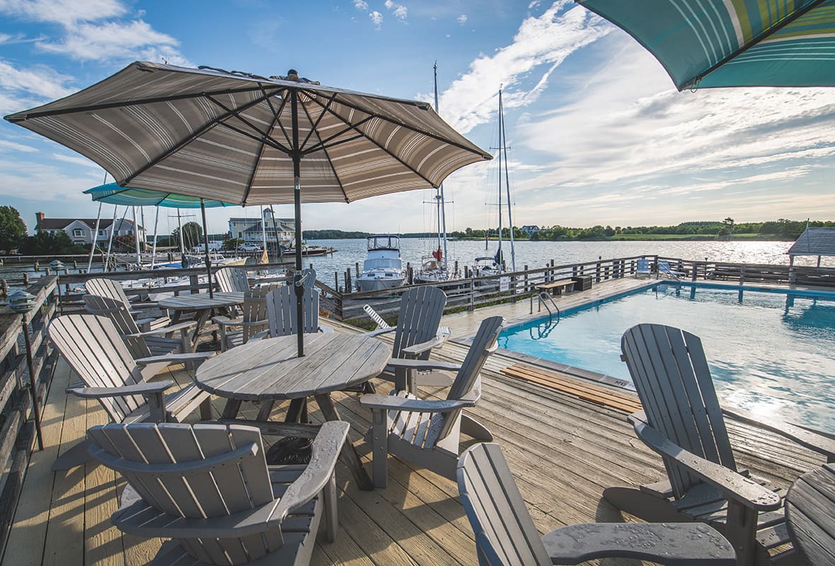 Picnic tables by swimming pool