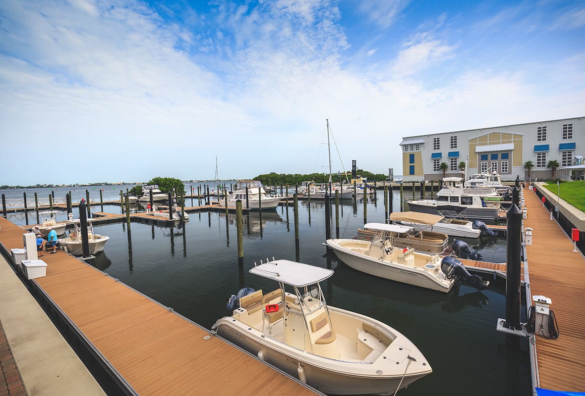 Boats docked at marina