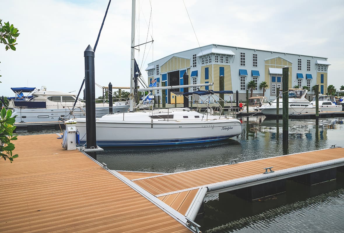 Boats docked at marina