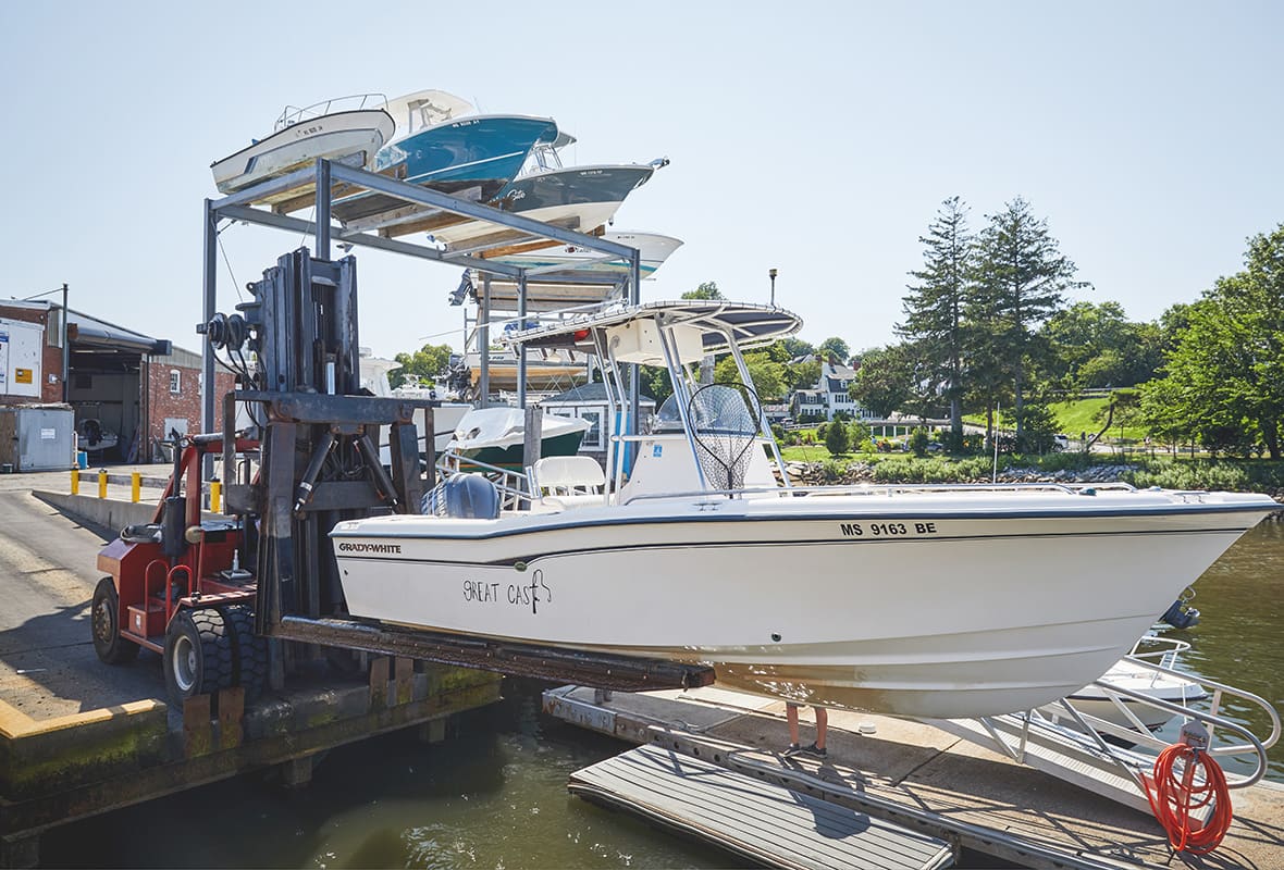 Boat being lifted down to water