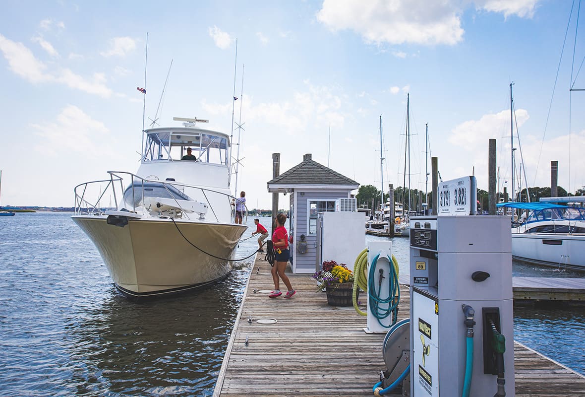 Boat pulling up to marina