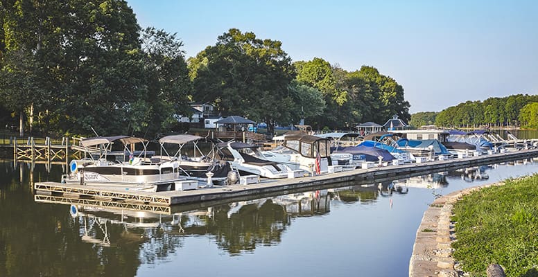 Boats docked at marina