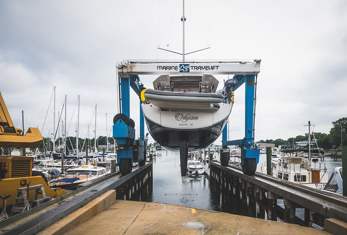 Boat being lifted from water