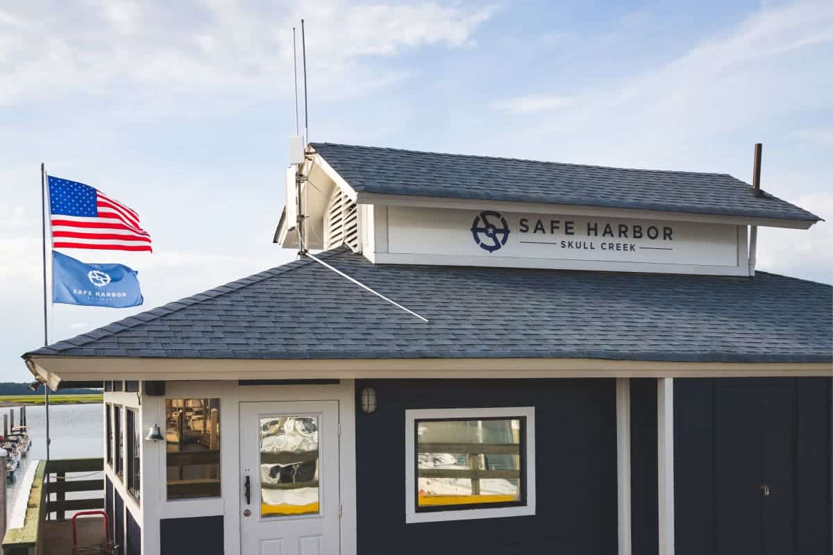 close up of safe harbor skull creek building