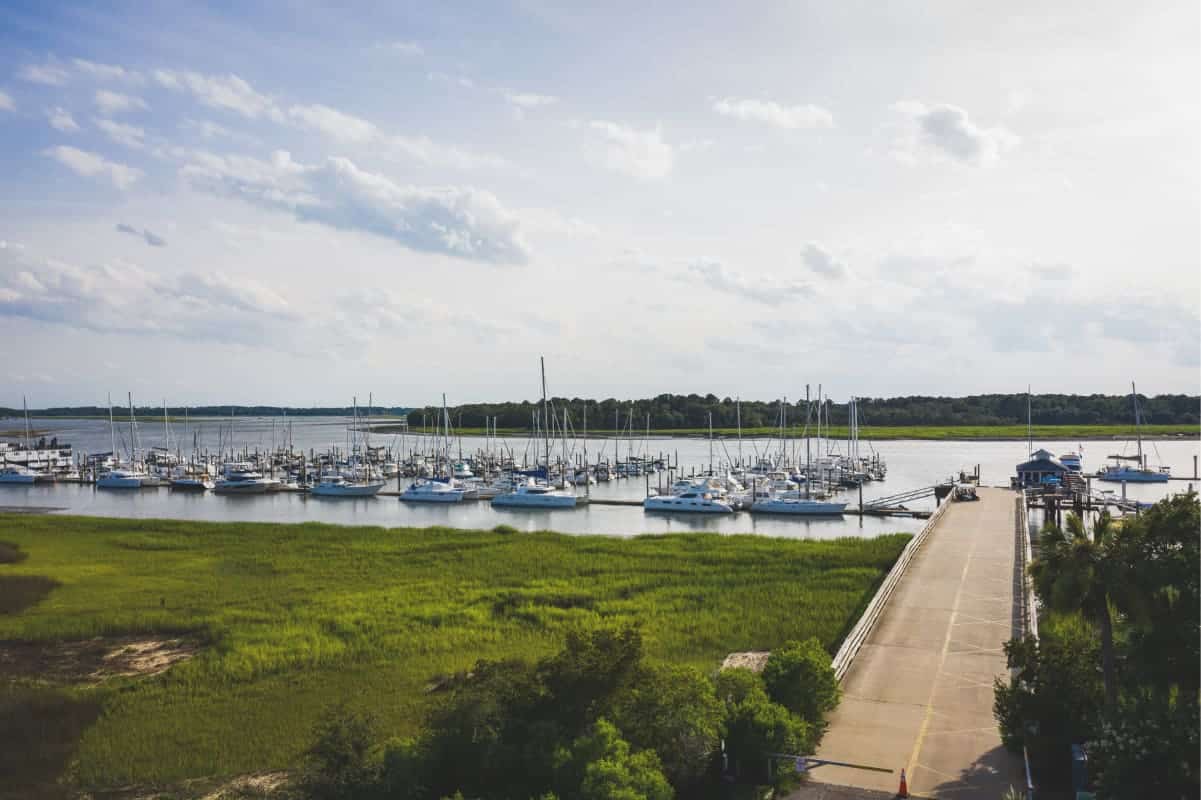 wide view of boats docked in a marina
