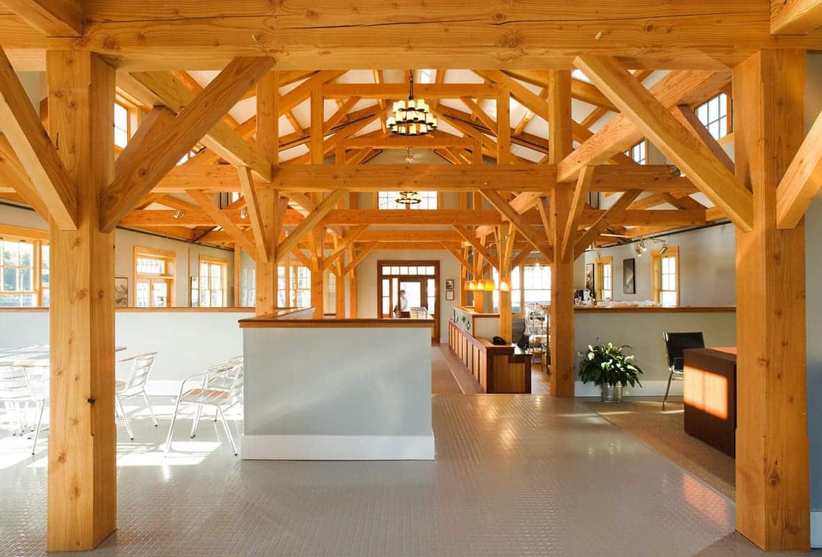 room with wood beams