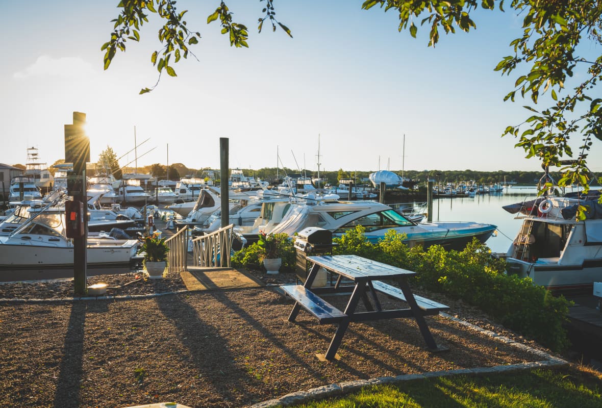 picnic bench next to a harbor